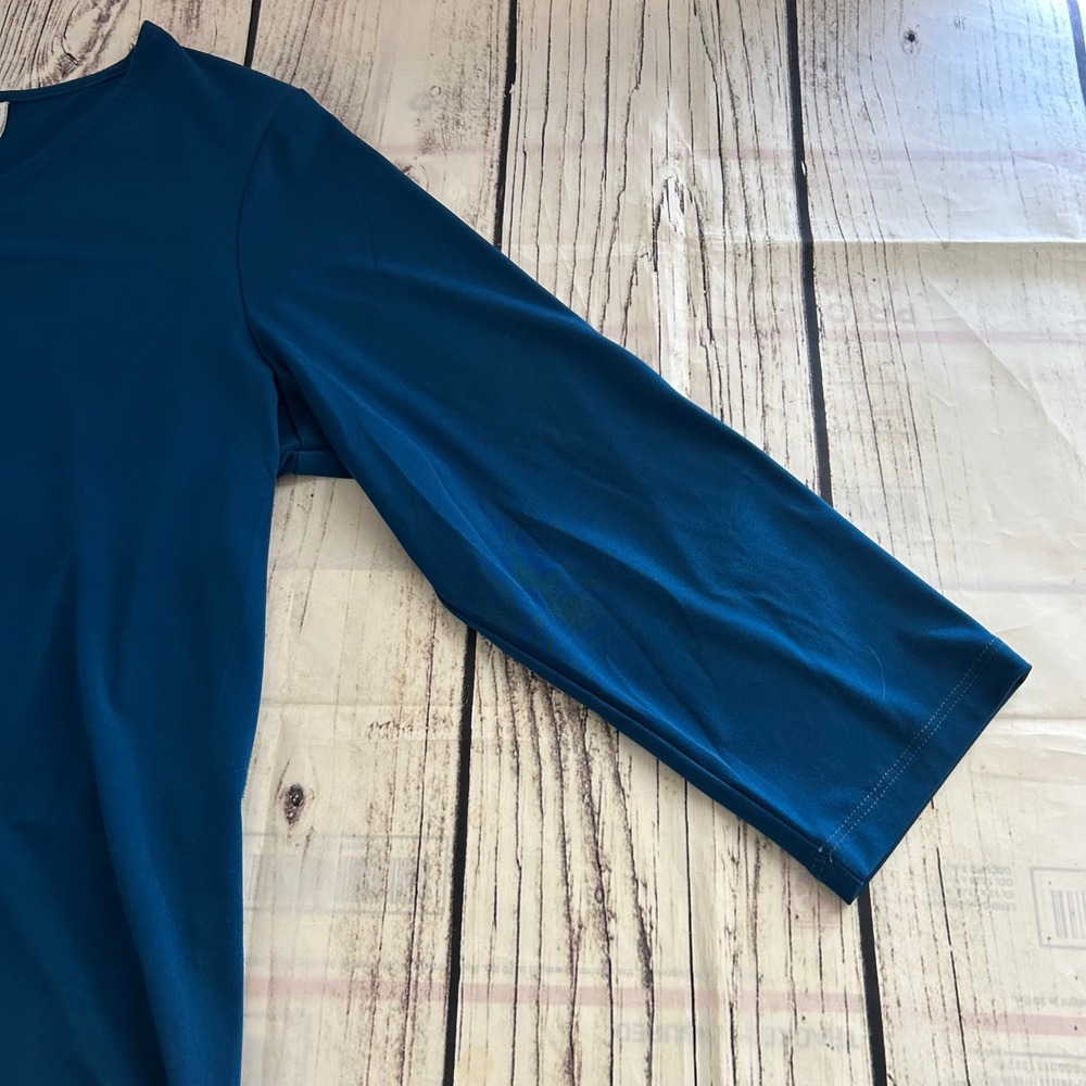 Susan Graver Liquid Knit V-Neck Tunic Top Teal Blue Chiffon Peplum Back Hem L - Picture 4 of 8